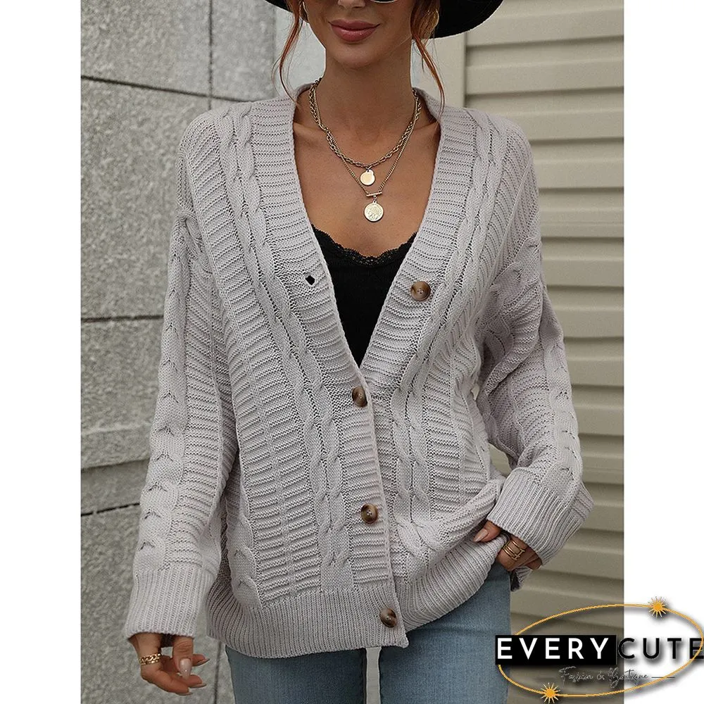 Light Gray Button Loose Cable Knitted Cardigan