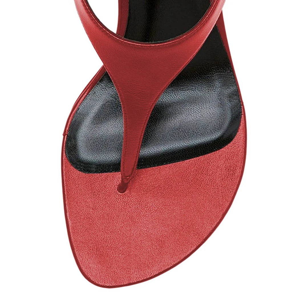 Red Open Toe T-Strap Flip-Flop Style Flared Heeled Sandals