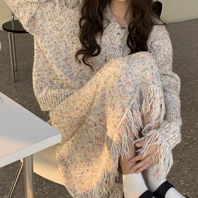 Toloer Toloer Korean Socialite Wind Autumn And Winter New Color Tassel Caridan Sweater High Waist Show Thin Knit Skirt Woman-Outfit Ideas