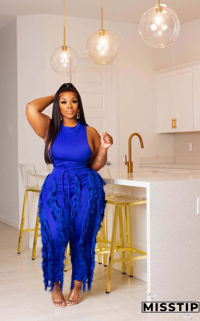 Women's Solid Color Tassel Two Piece Suit