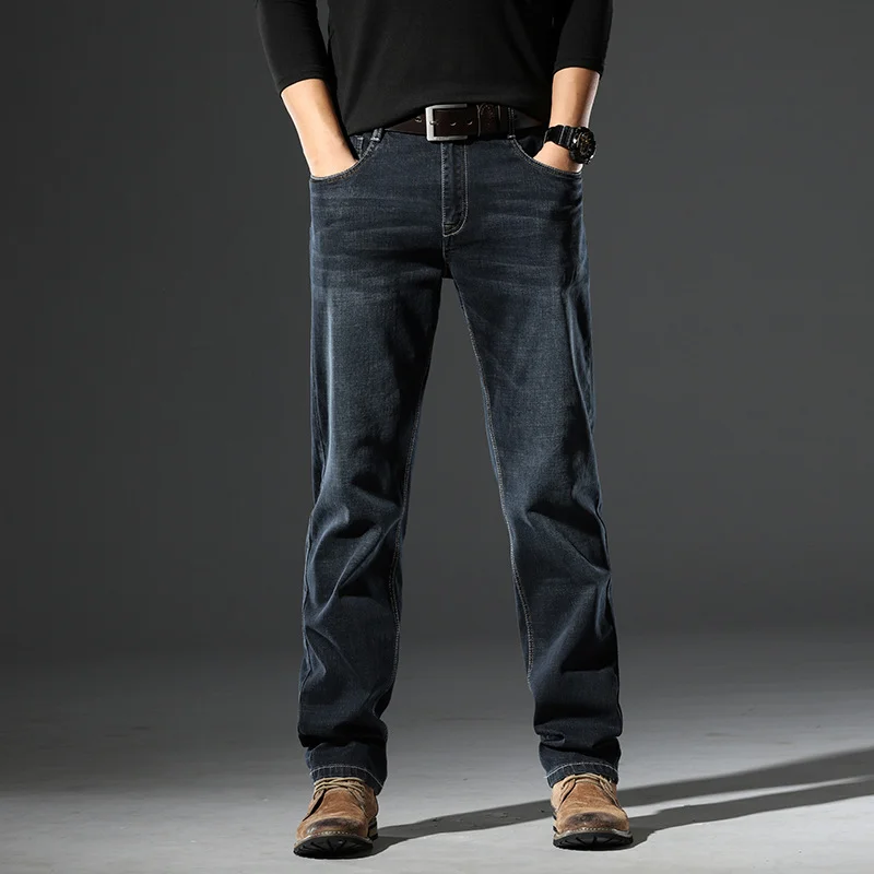 Men's Straight Elastic Mid Waist Jeans Soft cotton Line with fleece Western Style For Work Wear