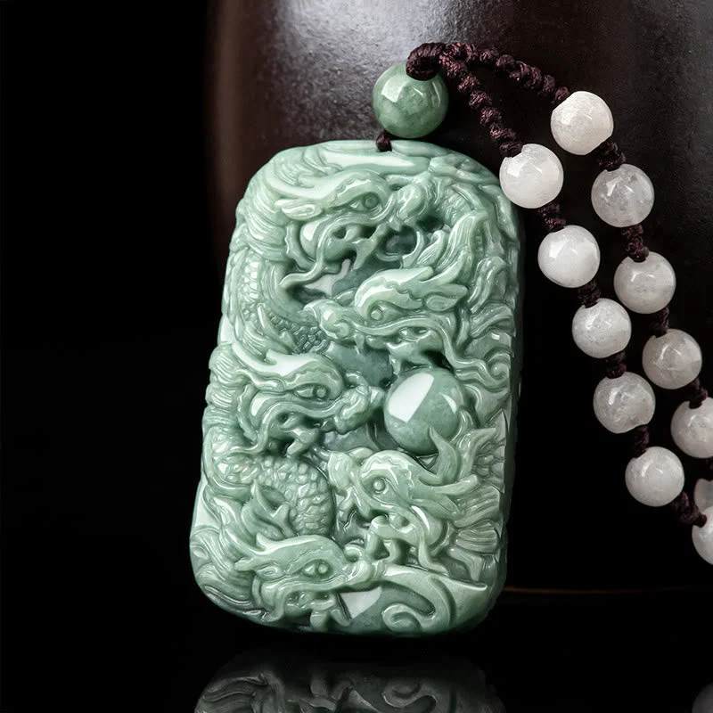 Natural Jade Nine Dragons Protection Strength Amulet Bead String Necklace Pendant