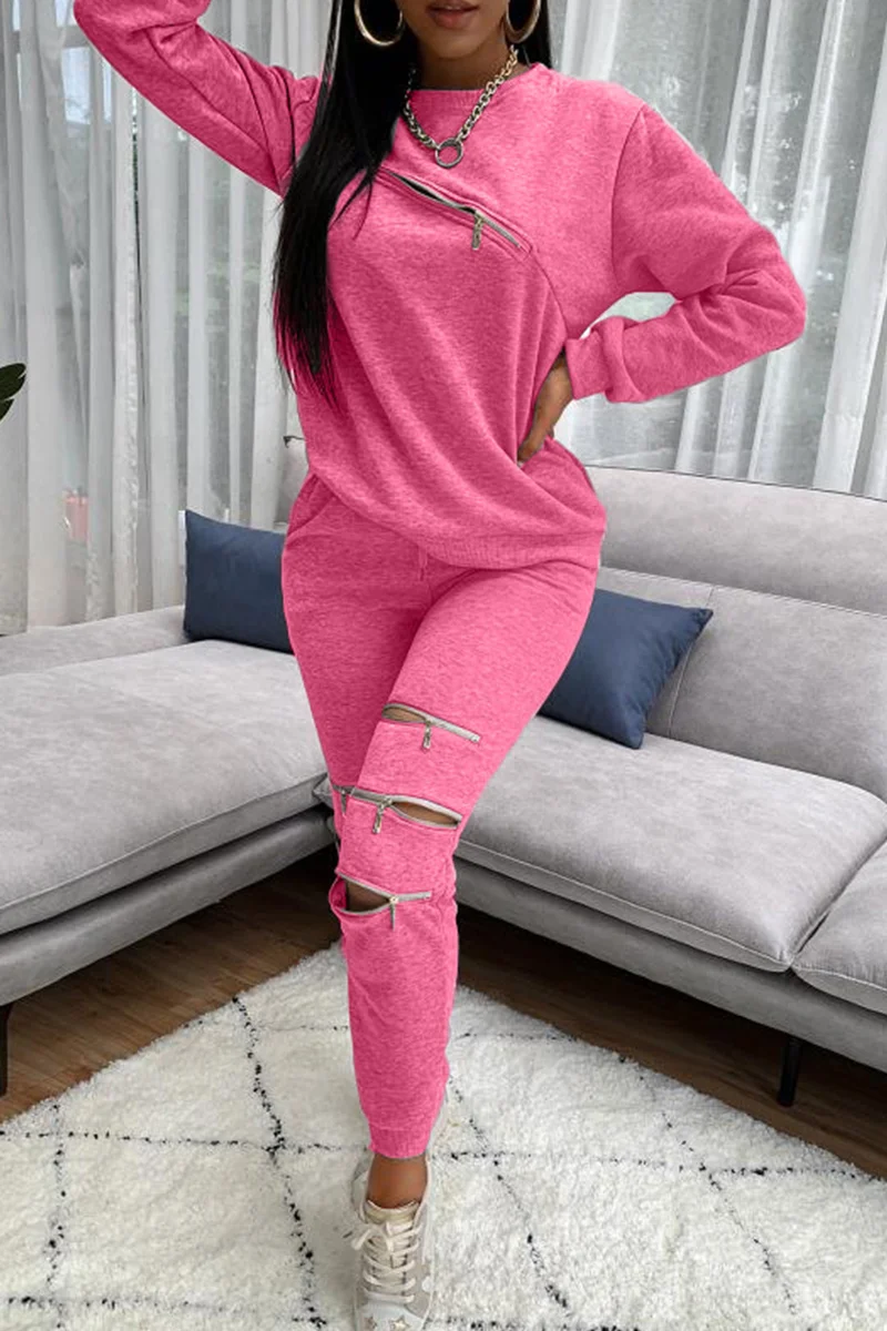 Pink Fashion Casual Solid Patchwork Zipper O Neck Long Sleeve Two Pieces | EGEMISS