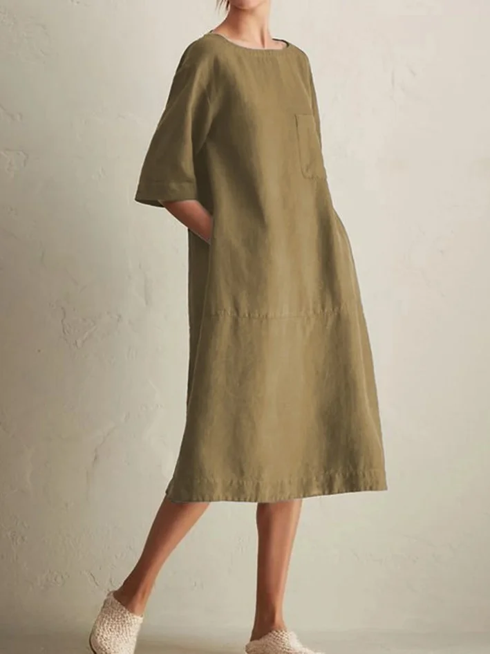 Casual Round Neck Medium Sleeved Cotton Linen Pocket Dress