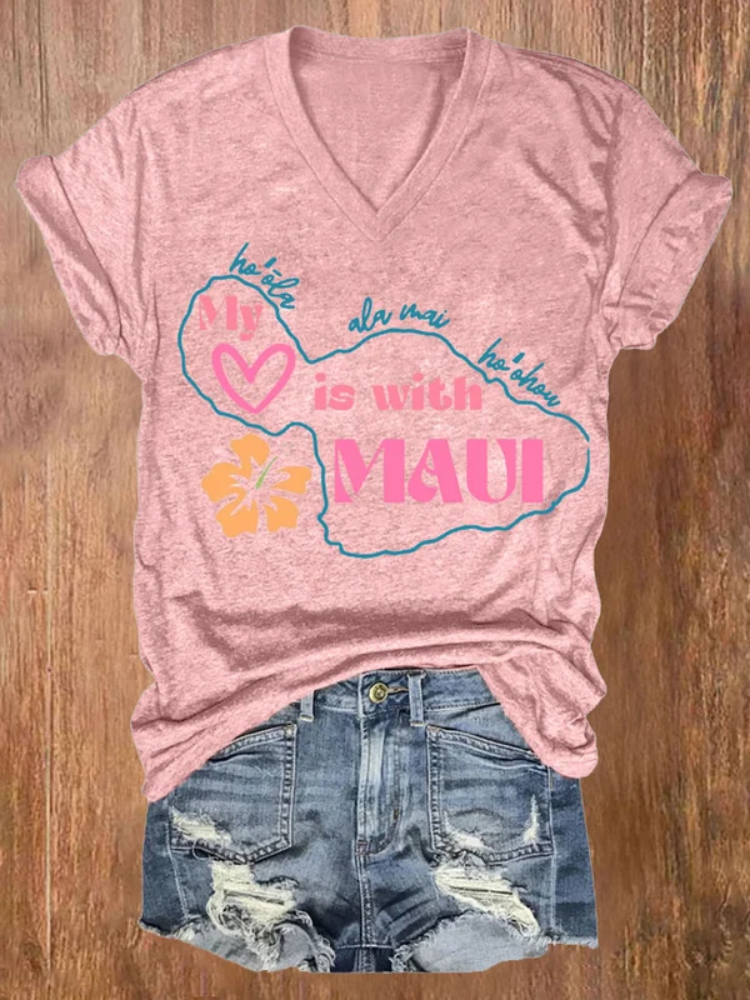 Women's Maui Strong My Heart Is With Maui Print Short Sleeve T-Shirt