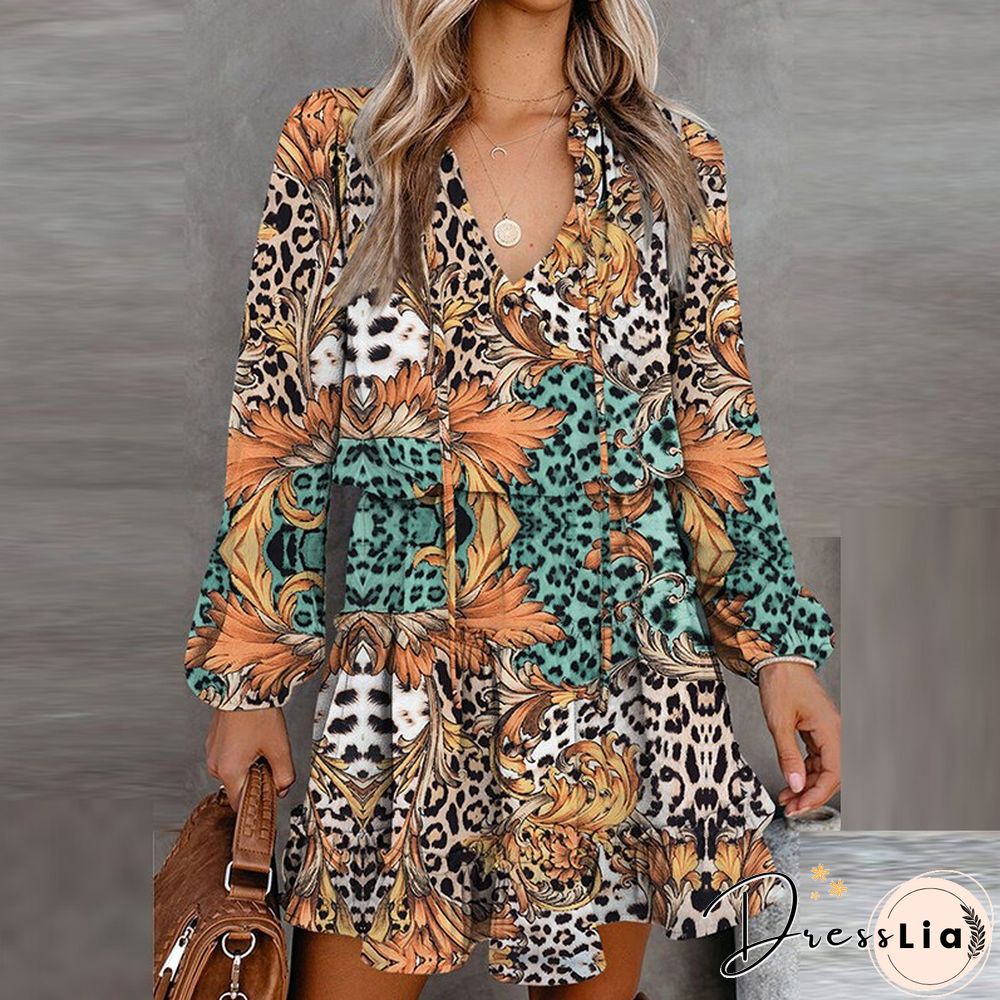 Vintage Floral Printed Mini Dress Women Casual Long Sleeve V Neck Lace-up Early Autumn Dress Fashion Loose Waist Ruffle Dresses