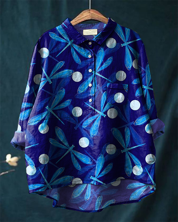 Dragonfly Art Print Cotton and Linen Long Sleeve Shirt
