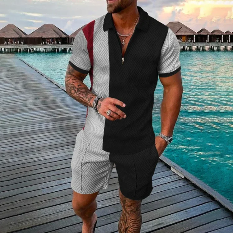 BrosWear Fashion Men Colorblock Casual Short Sleeve Polo Shirt Set