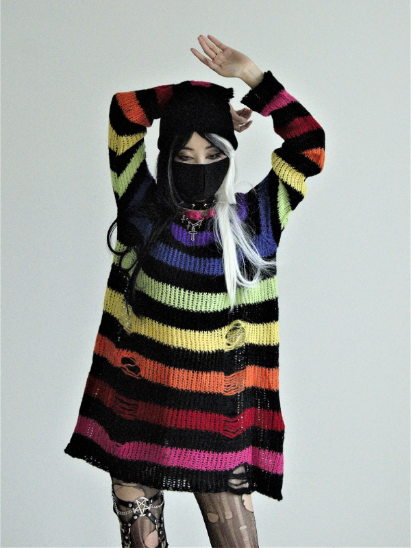 Lazy Punk Oversized Cutout Color-block Stripes Knitted Sweater