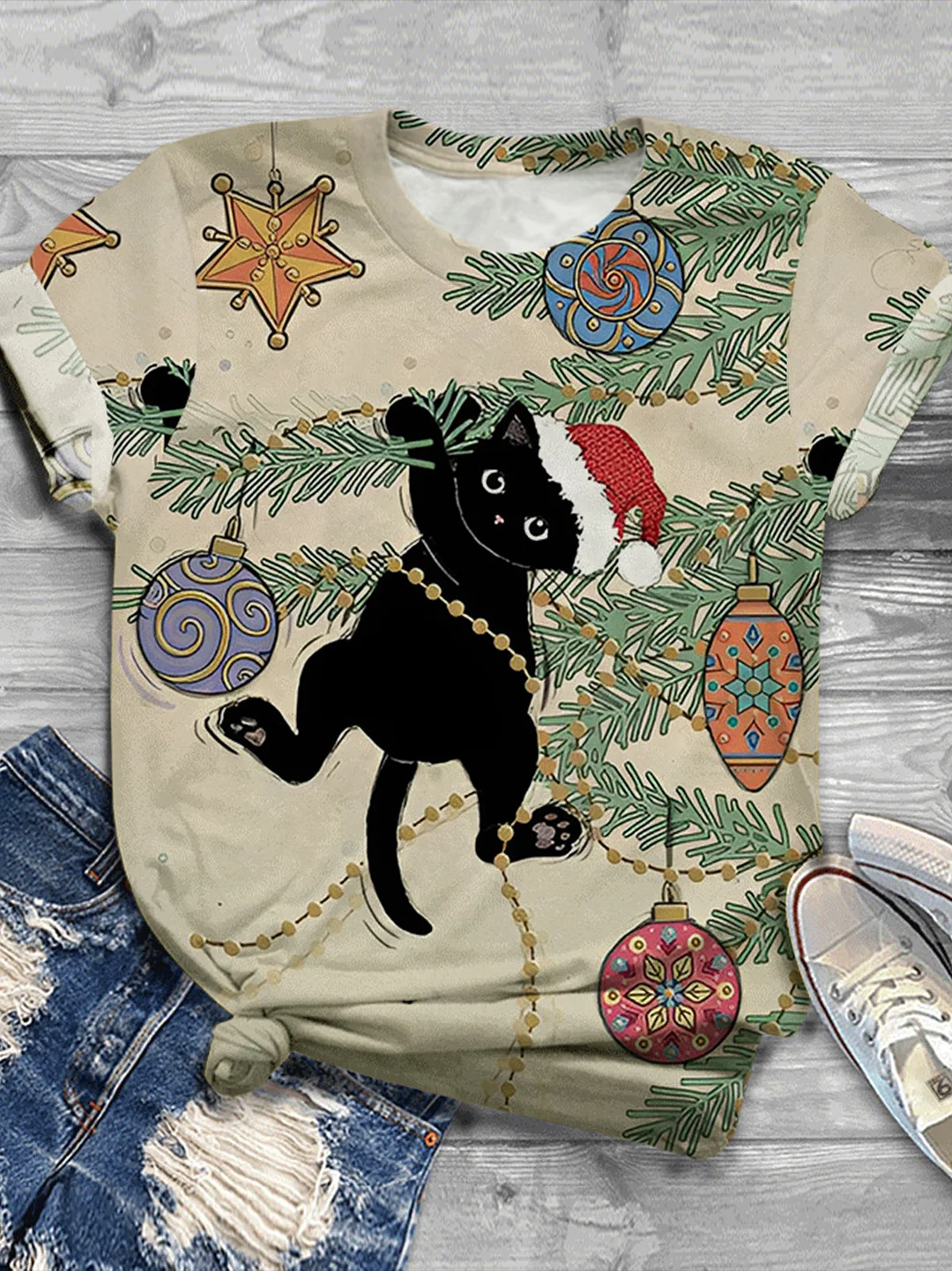 Merry Christmas Black Cat Print Vintage Round Neck Tee