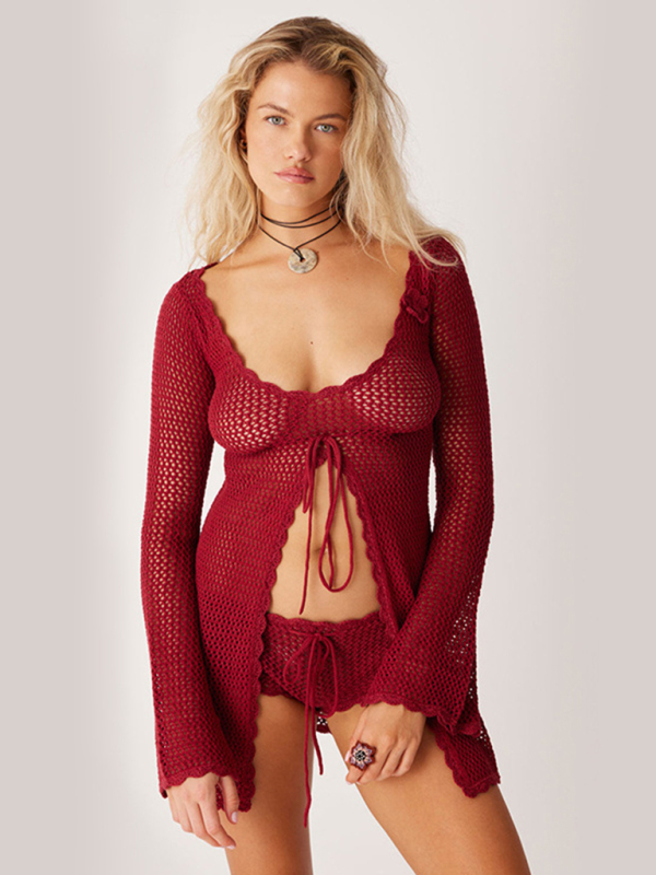 Mature Women New Solid Color Sexy Knitted Hollow Bikini Swimsuit Cover-up Sun Protection Clothing