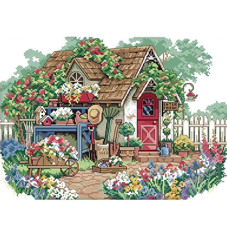 Joy Sunday Flower Cottage 14CT Stamped Cross Stitch 44*33CM