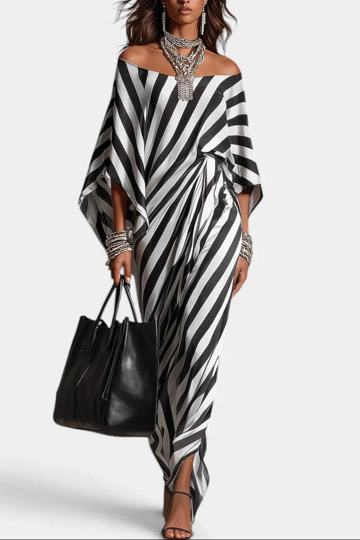 Striped Off-Shoulder Draped Maxi with Side Slit