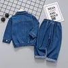 Baby Kid Girl Boy Lapel Collar Button Denim 2 Pcs Sets