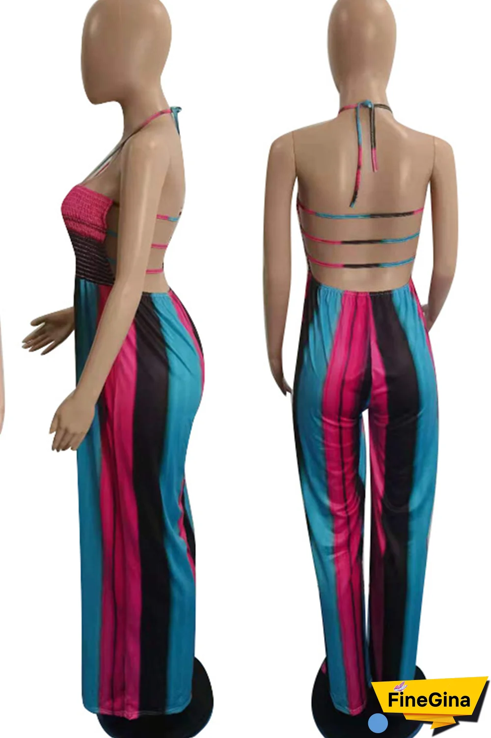Pink Street Striped Draw String Halter Plus Size Jumpsuits