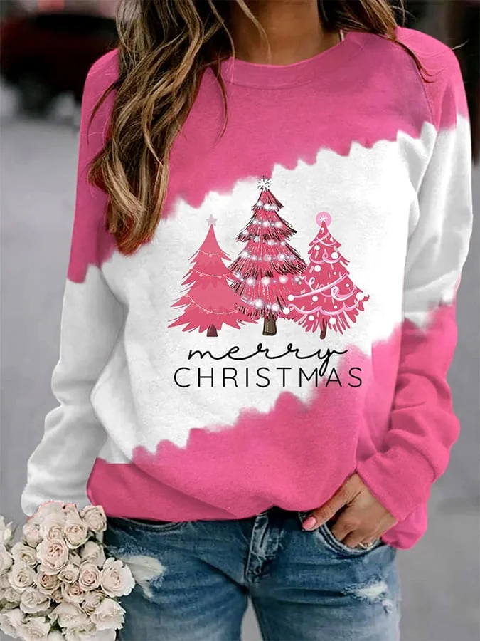 Women's Merry Christmas   Pink   Christmas TreePrint Casual Sweatshirt