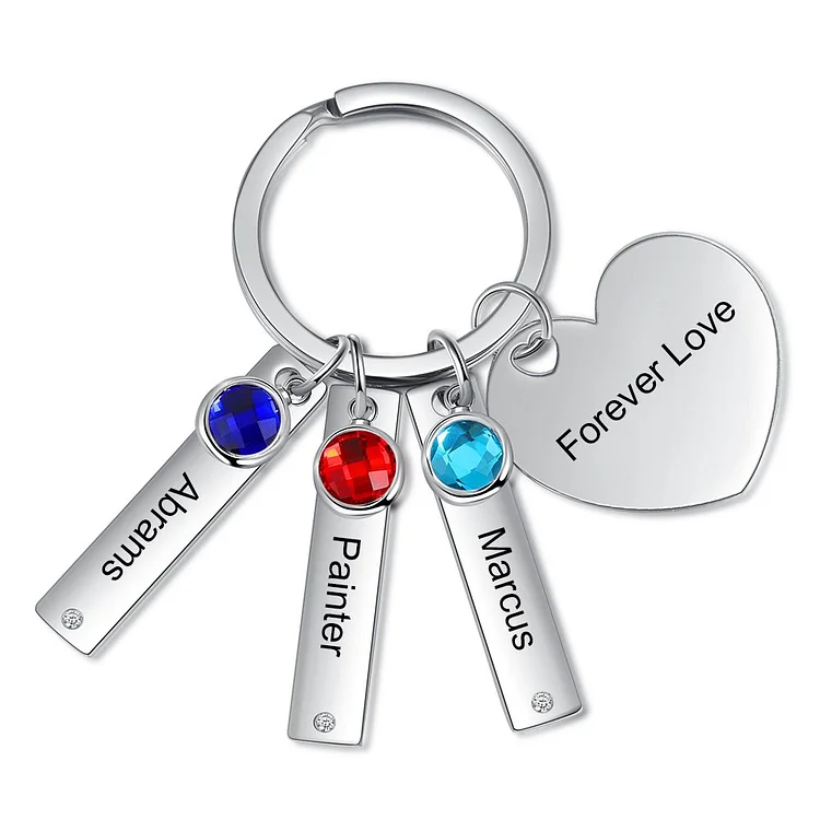 Heart charm keychain 3 Personalized first name 3 birthstone