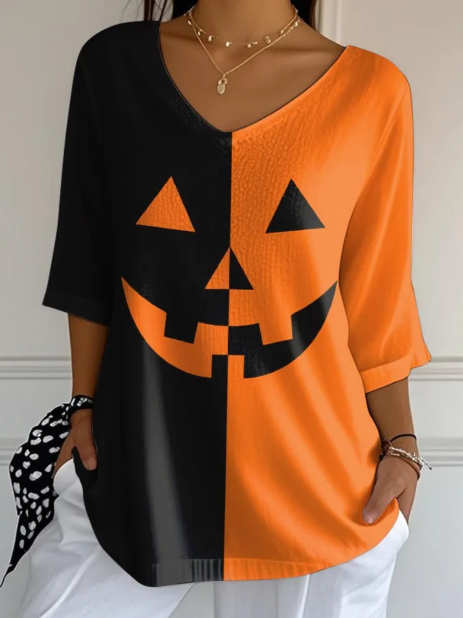 Women's Casual Pumpkin Expression Bubble Wrinkle Top 