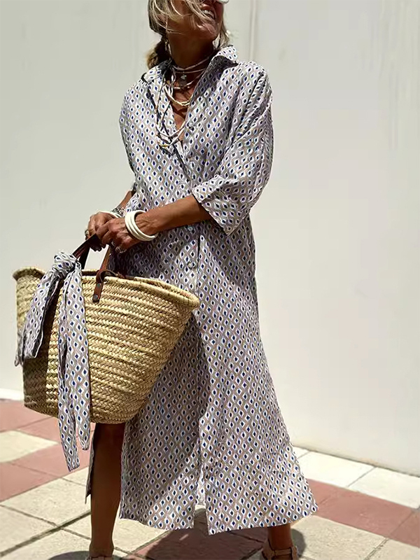 Striped Pattern Side Split Three Quarter Sleeve Maxi Dress