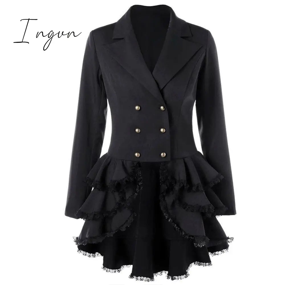 Ingvn - Trench Coat Women’s Aaymmetric Lace Hem Tops Steampunk Victorian Swallow Tail Double -