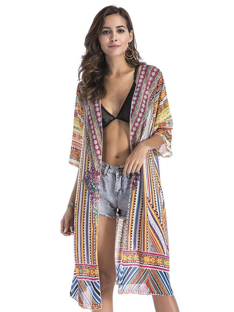 Women's Beach Tops Cover Ups National Printed Long Kimono Cardigan