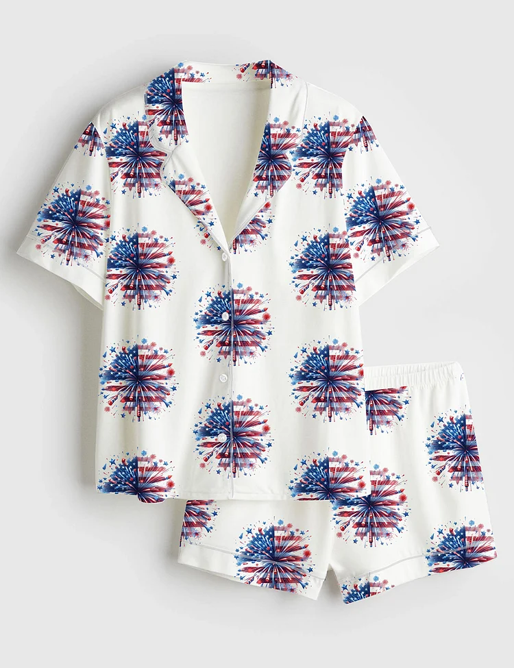 Women&rsquo;s USA Firework Women 4th Of July Independence Day America Red White Blue Patriotic Print Short Sleeve Satin Pajama Set