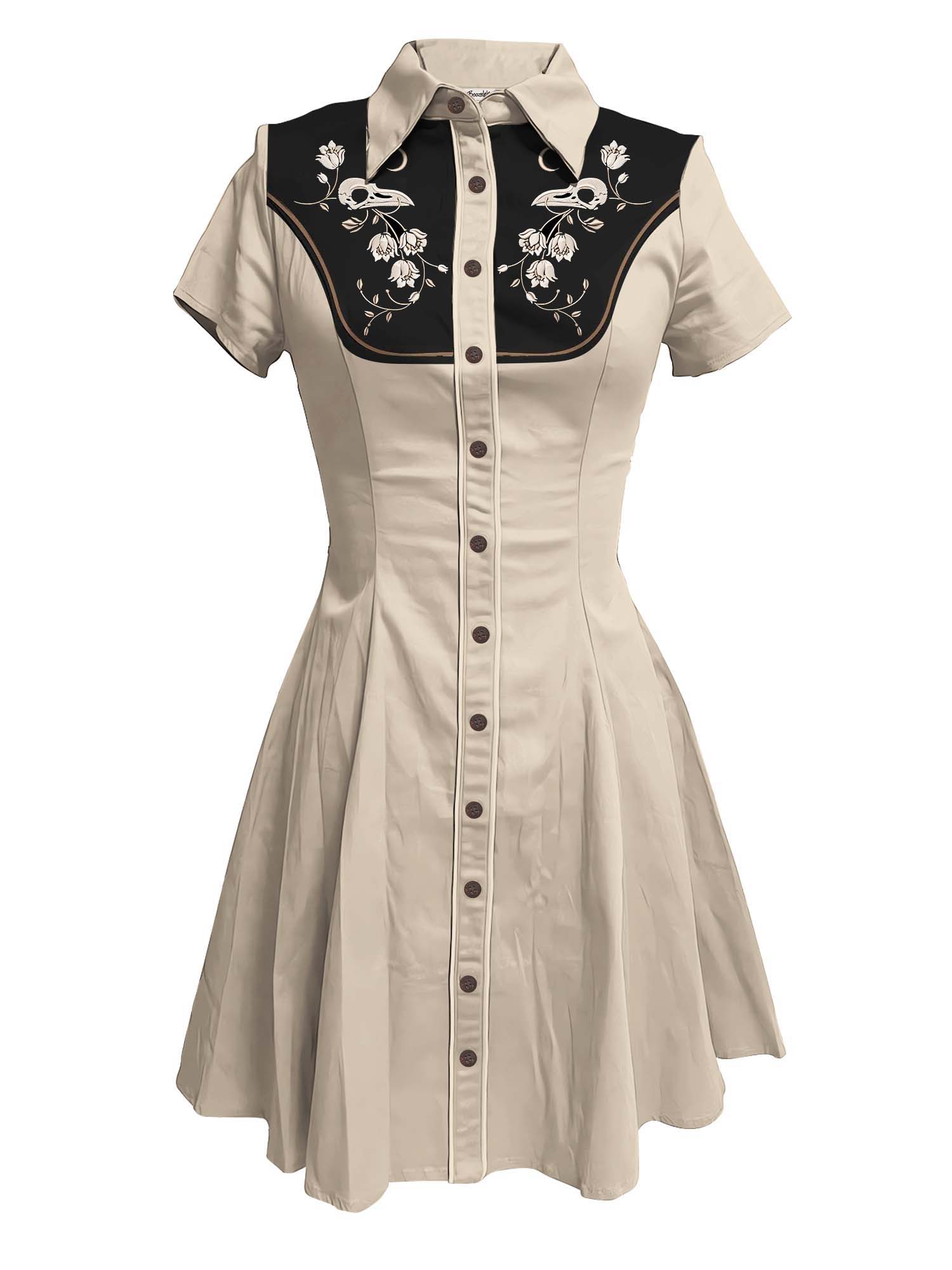【Embroidery】Skeleton Crow Head And Flower - 100% Cotton Double Pocket Dress
