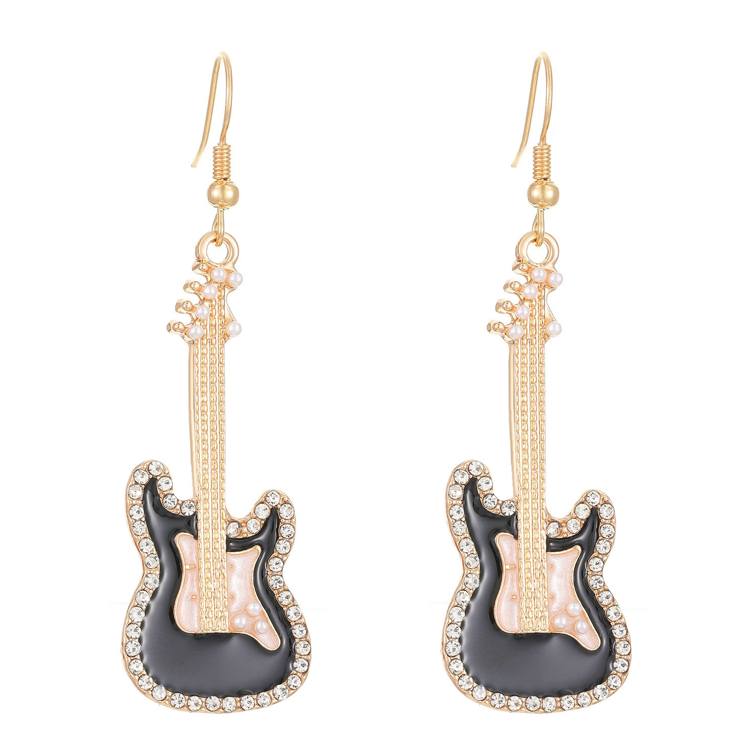 Oil Drip Zirconia Guitar Gold Plated Earrings