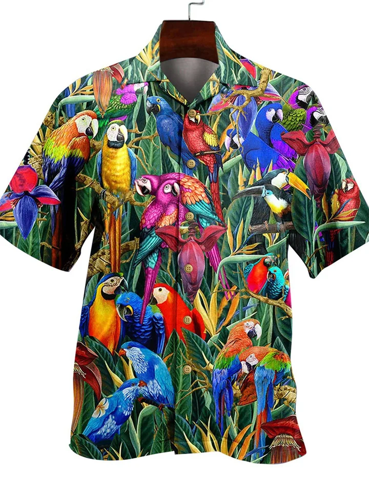 Men's Shirt Summer Hawaiian Shirt Camp Collar Shirt Graphic Shirt Aloha Shirt Parrot Turndown Yellow Light Green Pink Red Blue 3D Print Outdoor Street Short Sleeve Button-Down Clothing Apparel-Hoverseek