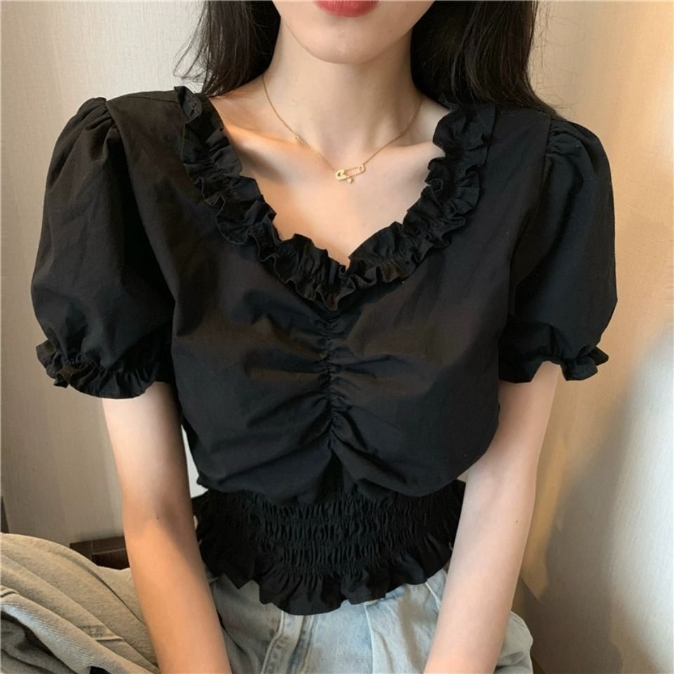 Ruffles Summer Top Women Elegant Blouse White Shirt Vintage Puff Sleeve Tops V Neck Solid Color Cropped Casual