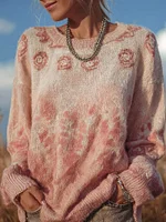 Vintage Boho Roses Pattern Round Neck Cozy Knit Sweater