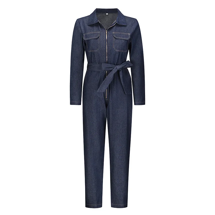 Women's Jumpsuit Zip Up Belted Denim Jumpsuit