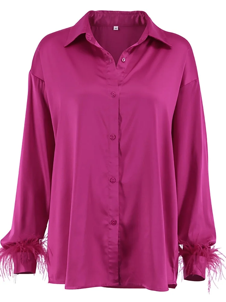 Bornladies Feather Cuffs Elegant Women Feather Shirts Rose Pink Oversized Blouses and Tops Splicing Spring Satin Office Ladies