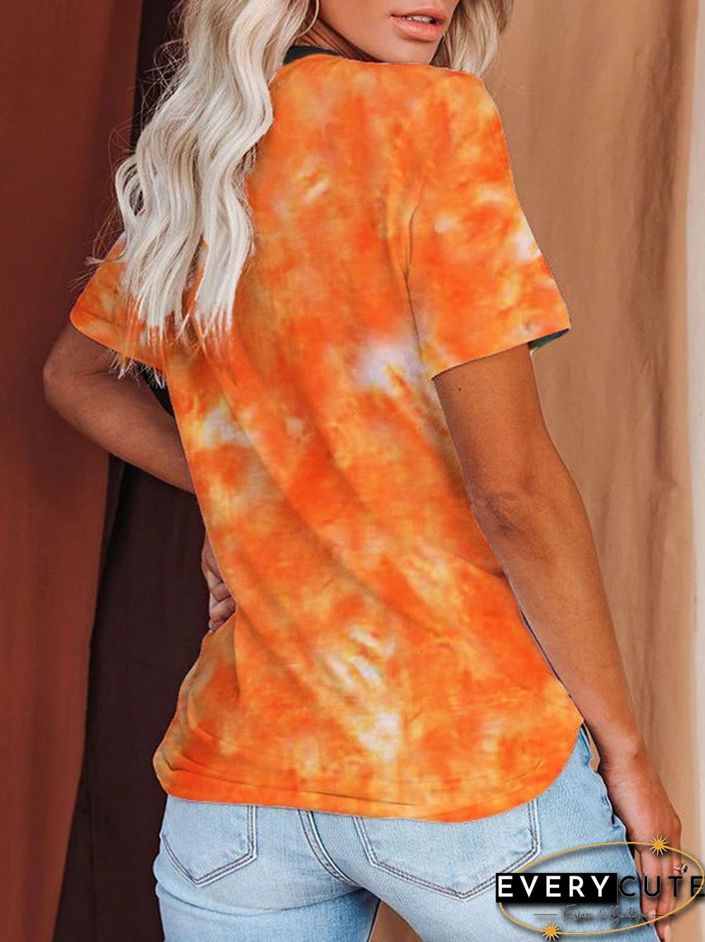 Women's Fashion Pumpkin Tie-Dye Printed Short Sleeve T-shirt
