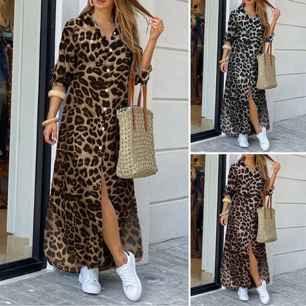 Women Leopard Print Turn-Down Collar Dress Half Sleeve Cotton Loose Sleeve Casual Side Pockets Shirt Skirts Maxi Dresses S-5XL - BlackFridayBuys