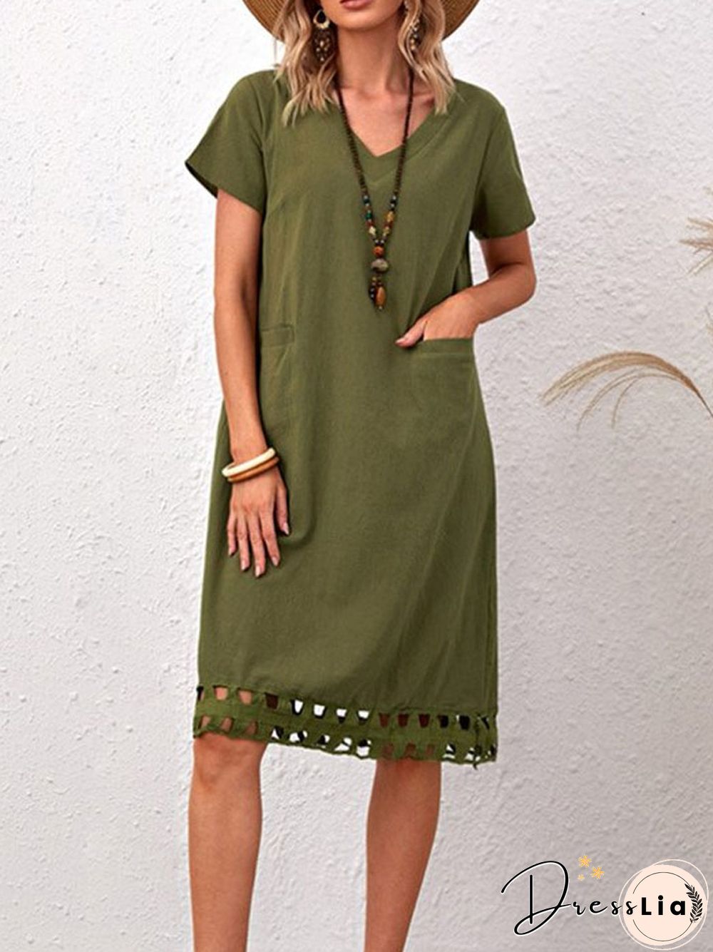 Fashionable And Versatile V-neck Short Sleeve Slim Solid Cotton Linen Dress