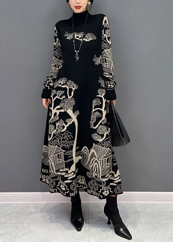 Chinese Style Black Hign Neck Print Knit Dresses Winter