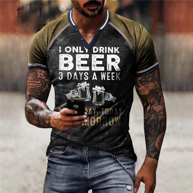 Men's T shirt Tee Funny T Shirts Color Block Letter Graphic Prints V Neck Green Blue Yellow Army Green Brown 3D Print Outdoor Street Short Sleeve Button-Down Print Clothing Apparel Vintage Sports