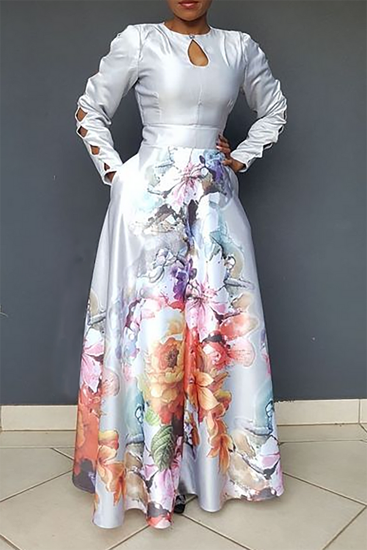 Plus Size Formal Dress Silver Grey Floral Print Long Sleeve Hollowed Maxi Dress With Pocket [Pre-Order]