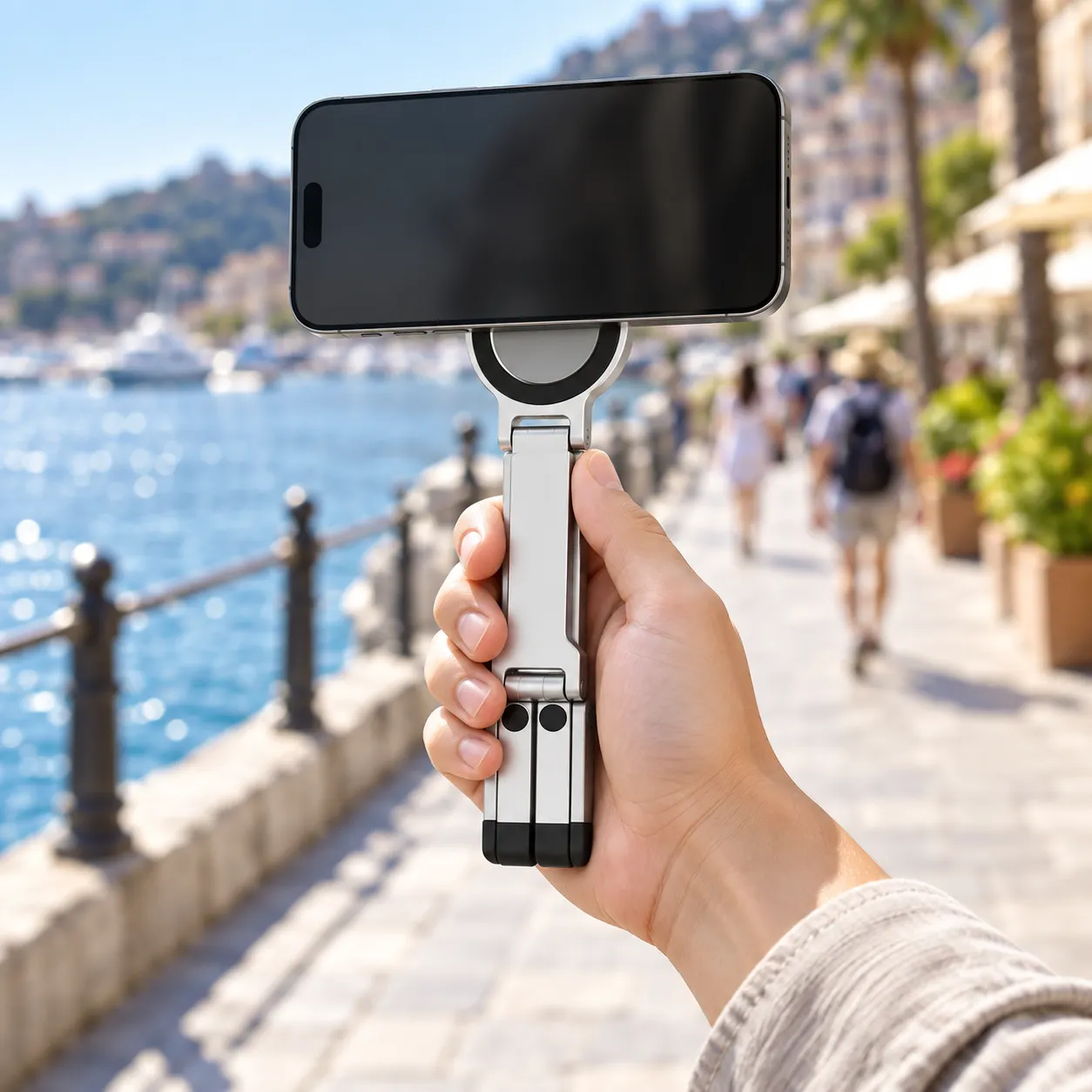 Foldable magnetic phone tripod used as a handheld grip