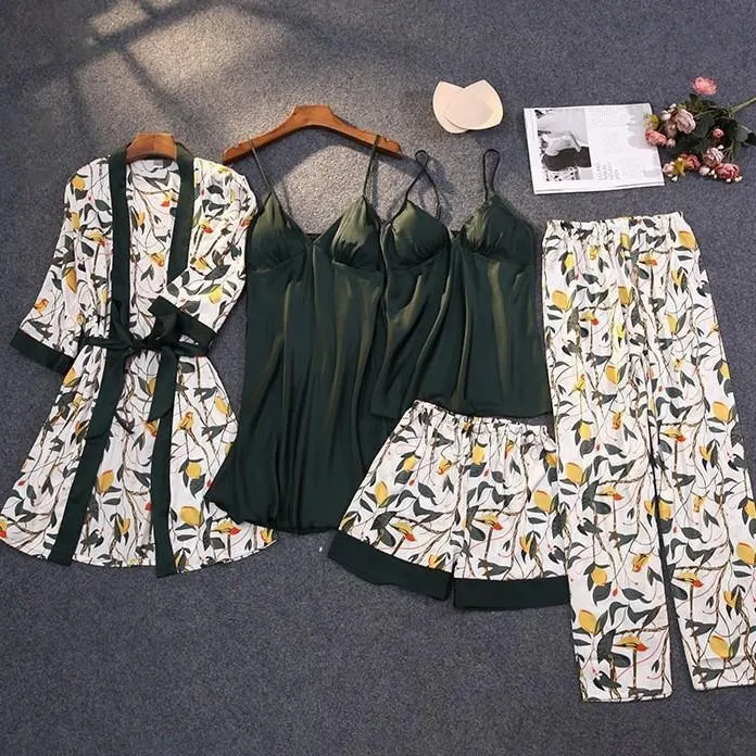 Churchf New Sex Black Homewear Five-Piece Set Of Fashion Lace Pyjamas Set Printed Women's Set