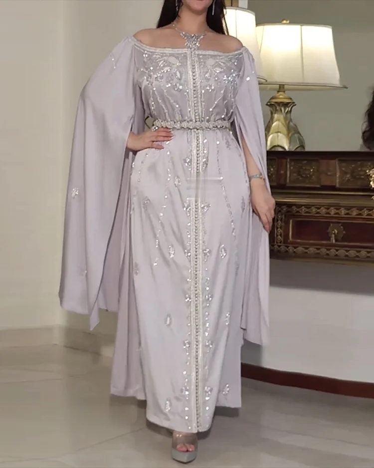 Women's Off Shoulder Shawl Sequined Kaftan Dress