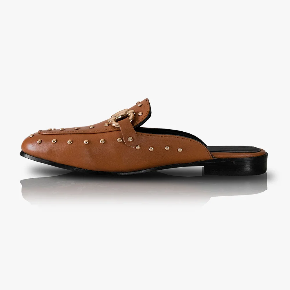 YDN Brown Round Toe Comfort Slip On Mule Loafers with Studded