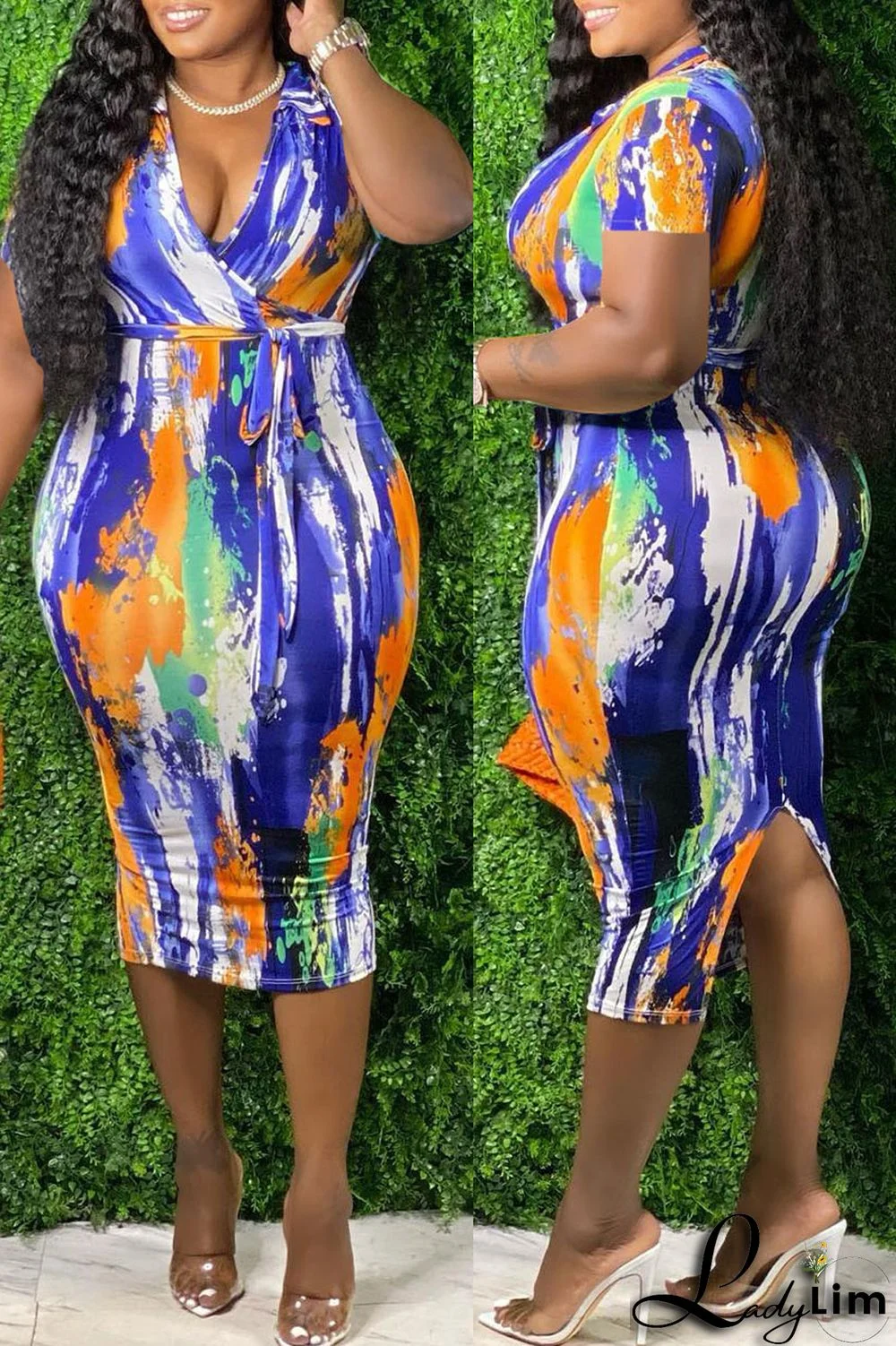 Blue Orange Sexy Print Graffiti Split Joint V Neck One Step Skirt Plus Size Dresses