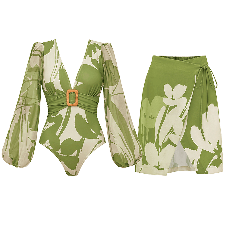 V Neck Long Sleeve Flower Print One Piece Swimsuit and Pants