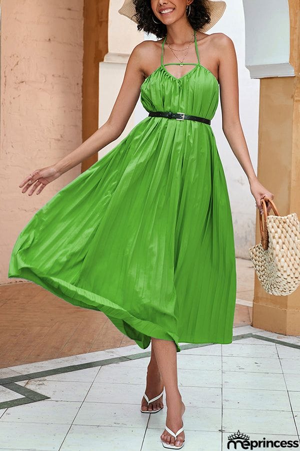 Solid Color Pleated Waist Halter Neck Dress