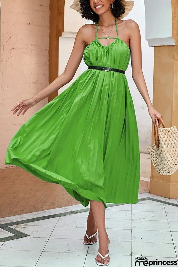 Solid Color Pleated Waist Halter Neck Dress