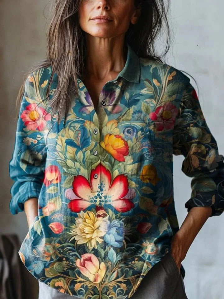 Women's Vintage Lovely Floral Art Print Casual Cotton And Linen Shirt