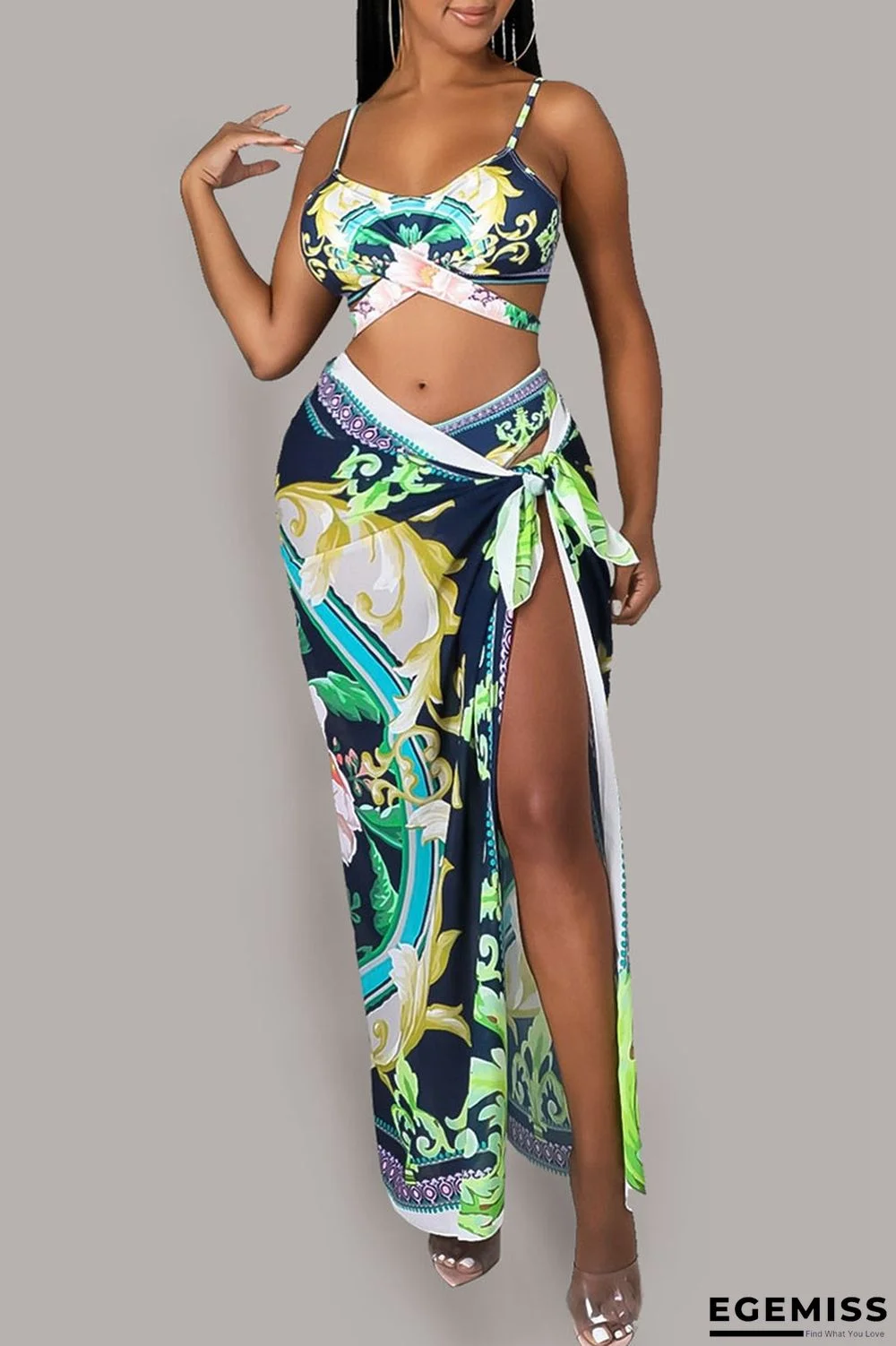 Green Sexy Print Bandage Patchwork Swimwears | EGEMISS