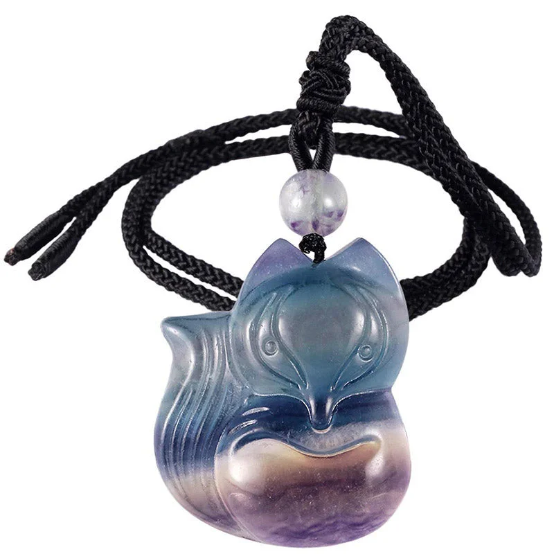 Natural Fluorite Gold Sheen Obsidian Fox Pendant Protection Necklace